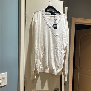 Men’s Nautica White V-Neck Sweater with Ribbed Cuffs